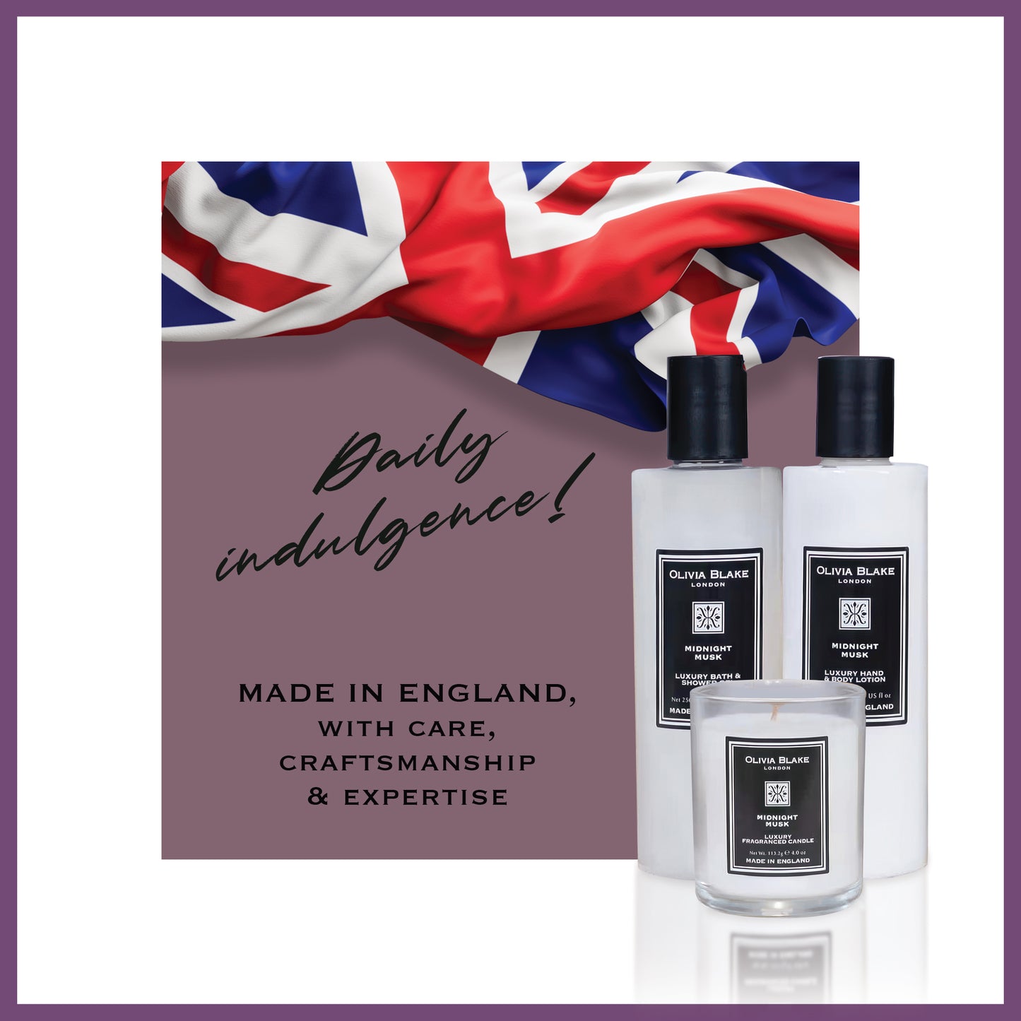 Olivia Blake Midnight Musk Trio Gift Set – Luxury Bath & Shower Gel 250ml, Hand & Body Lotion 250ml, Fragranced Candle 100ml – Elegant Home & Body Collection, Made in London