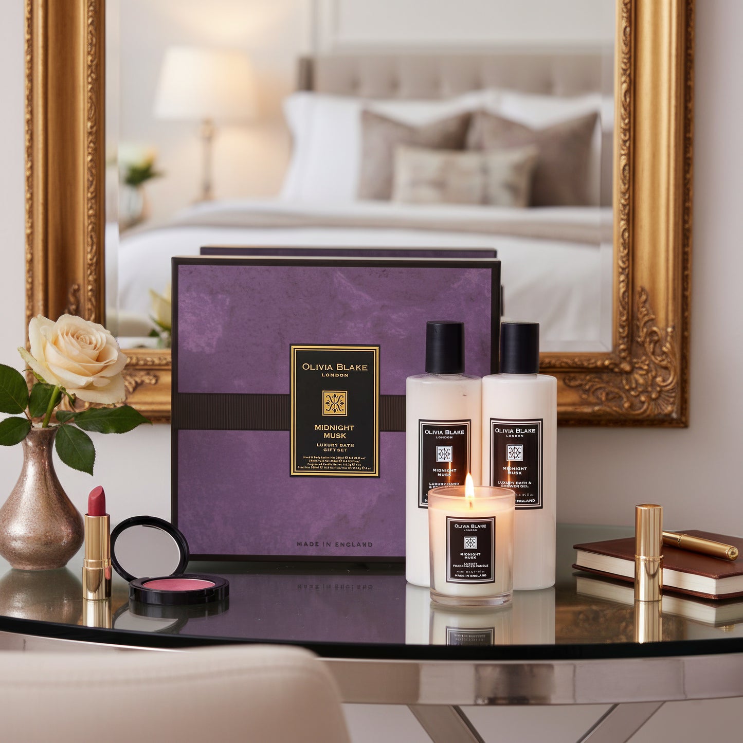 Olivia Blake Midnight Musk Trio Gift Set – Luxury Bath & Shower Gel 250ml, Hand & Body Lotion 250ml, Fragranced Candle 100ml – Elegant Home & Body Collection, Made in London
