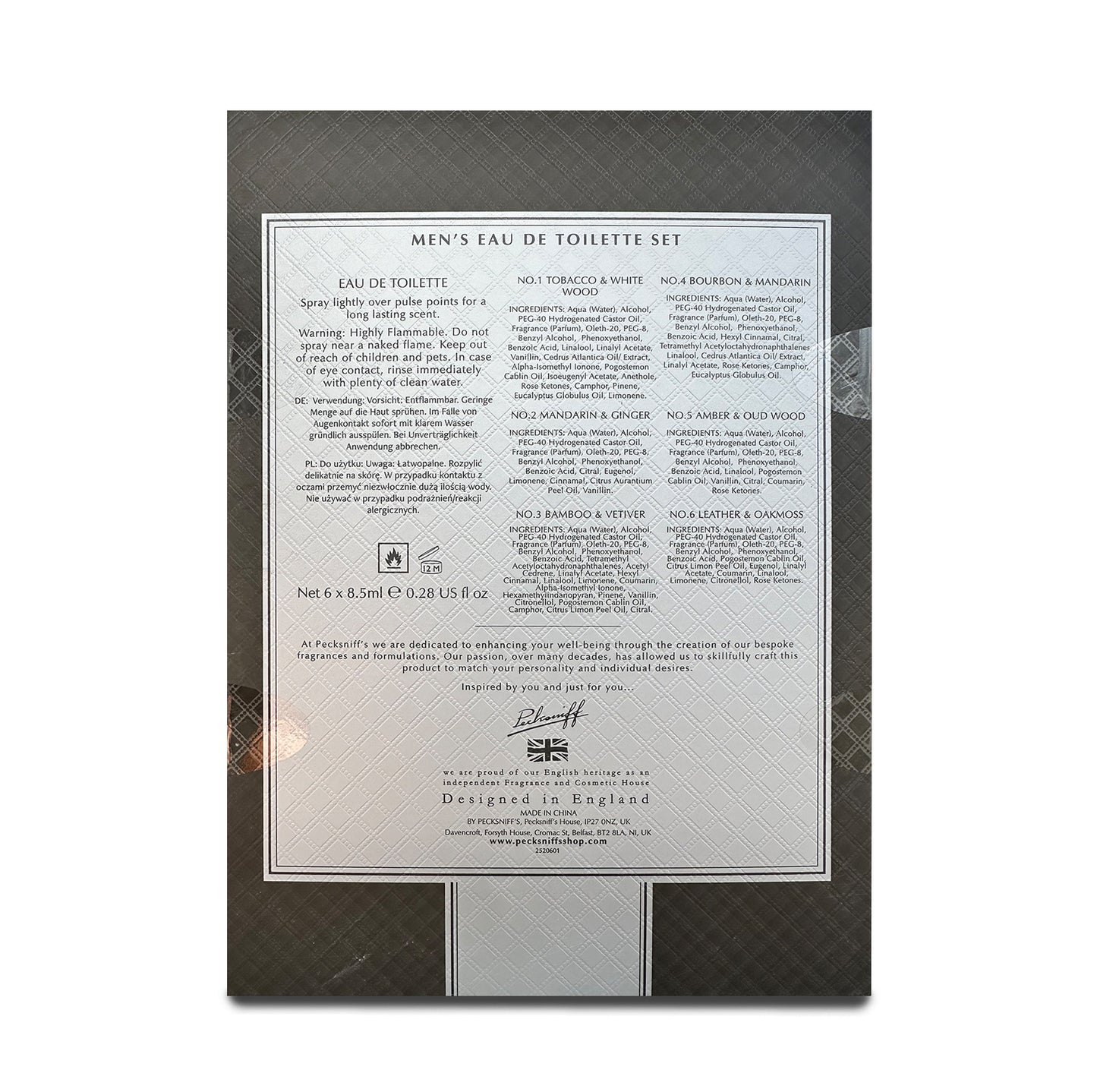 Pecksniff’s Men’s Essentials Fragrance Gift Set – 6x10 ml Eau de Toilette Collection – Luxury Mini Cologne Sampler, Made in England