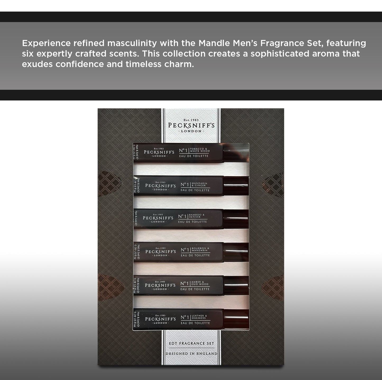 Pecksniff’s Men’s Essentials Fragrance Gift Set – 6x10 ml Eau de Toilette Collection – Luxury Mini Cologne Sampler, Made in England