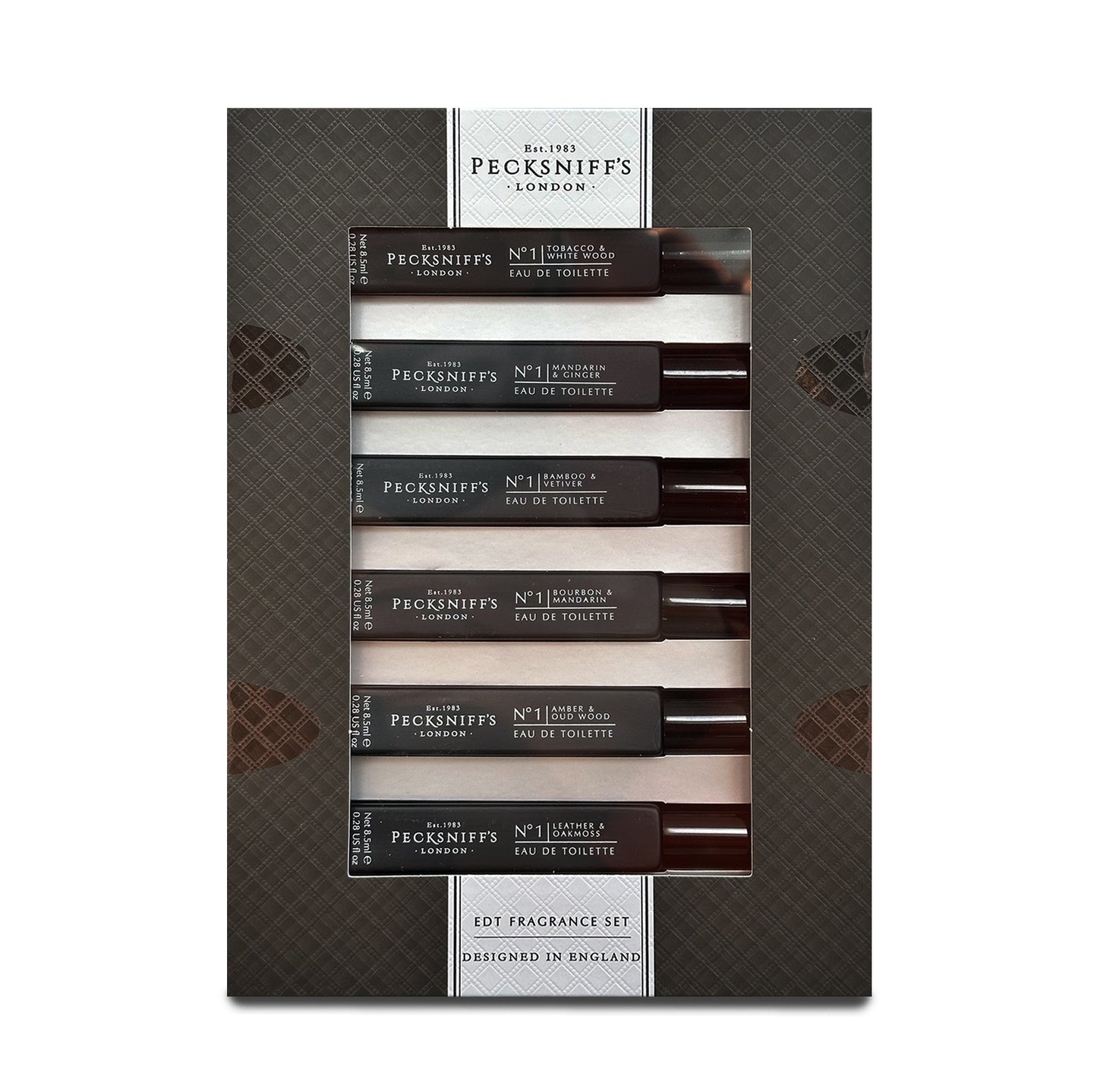 Pecksniff’s Men’s Essentials Fragrance Gift Set – 6x10 ml Eau de Toilette Collection – Luxury Mini Cologne Sampler, Made in England