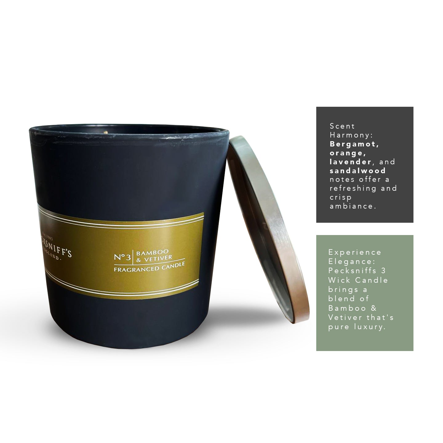 Pecksniffs Black Tall Bamboo and Vetiver Scented Candle | 3 Wicks, 283g/9.9oz