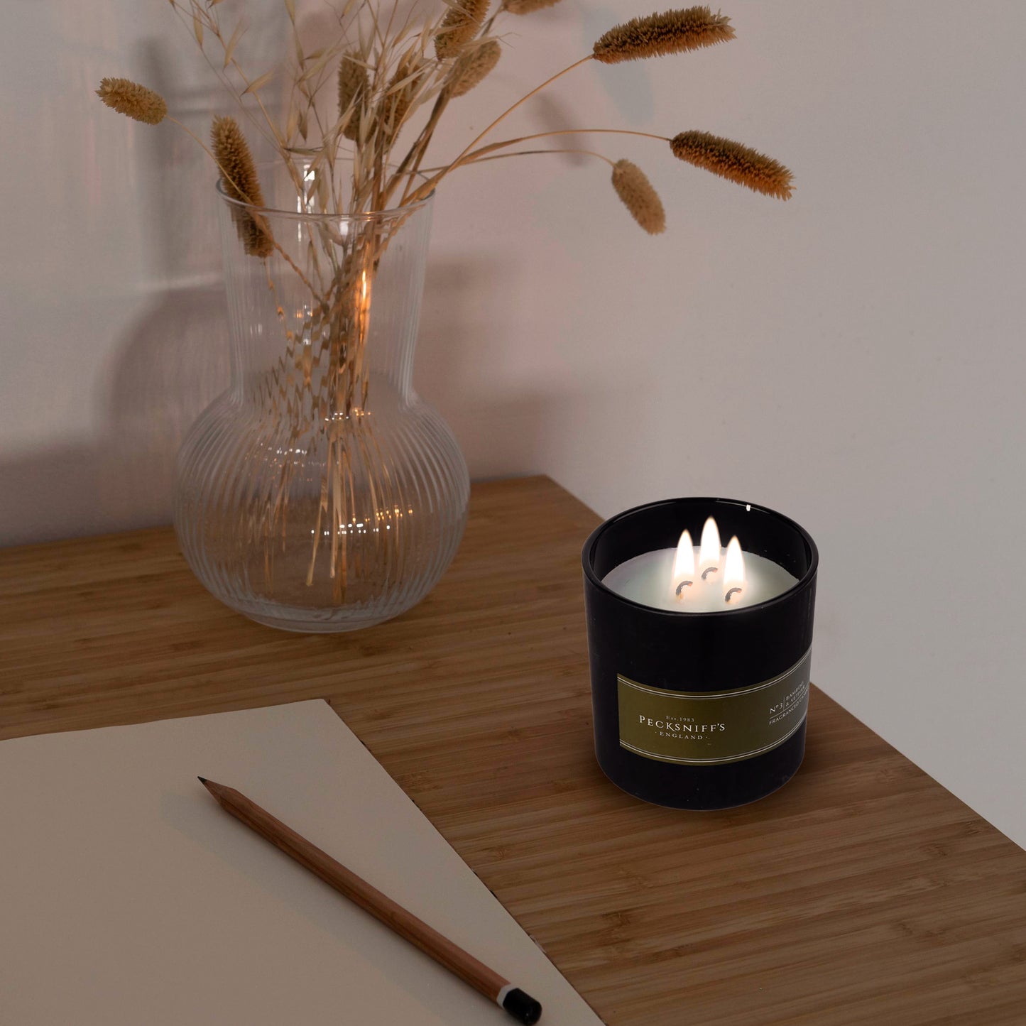 Pecksniffs Black Tall Bamboo and Vetiver Scented Candle | 3 Wicks, 283g/9.9oz