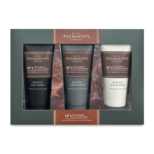 Pecksniff’s Men’s Trio Face Collection – Bourbon & Mandarin – Face Wash, Face Scrub & Shave Balm Gift Set, 3 x 75ml