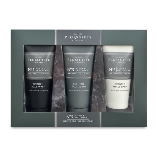 Pecksniff’s Men’s Trio Collection – Amber & Oud Wood – Face Wash, Face Scrub & Shave Balm Gift Set, 3 x 75ml