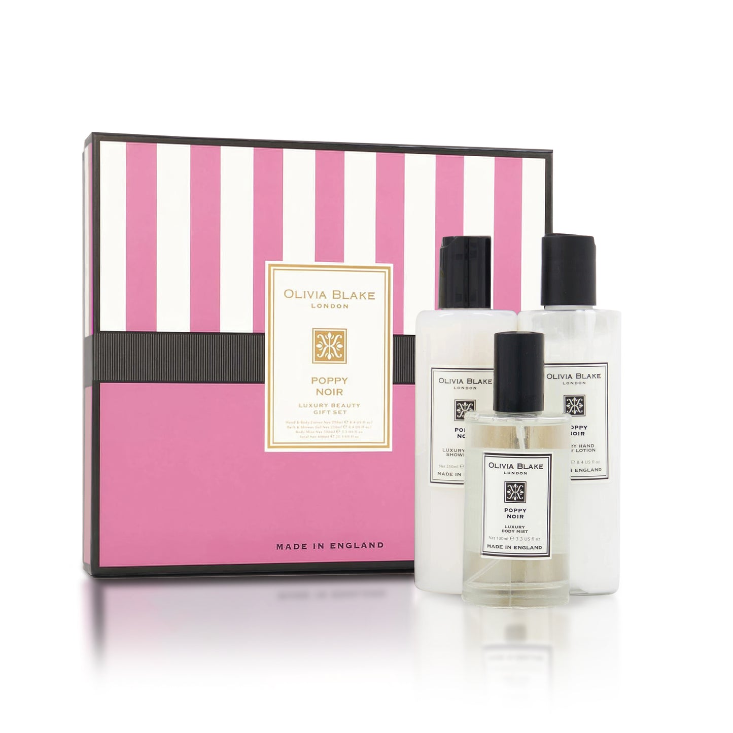Olivia Blake Poppy Noir Trio Gift Set – 100 ml/3.38 fl oz Body Mist, 250 ml/8.45 fl oz Shower Gel, 250 ml/8.45 fl oz Body Lotion – Luxurious Everyday Essentials for Women