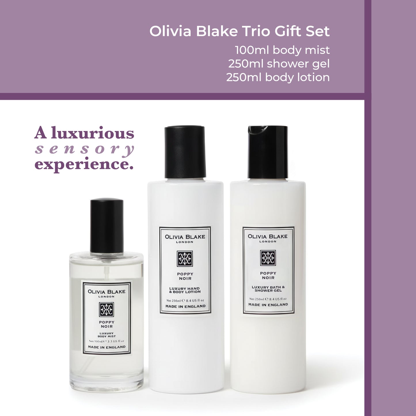 Olivia Blake Poppy Noir Trio Gift Set – 100 ml/3.38 fl oz Body Mist, 250 ml/8.45 fl oz Shower Gel, 250 ml/8.45 fl oz Body Lotion – Luxurious Everyday Essentials for Women