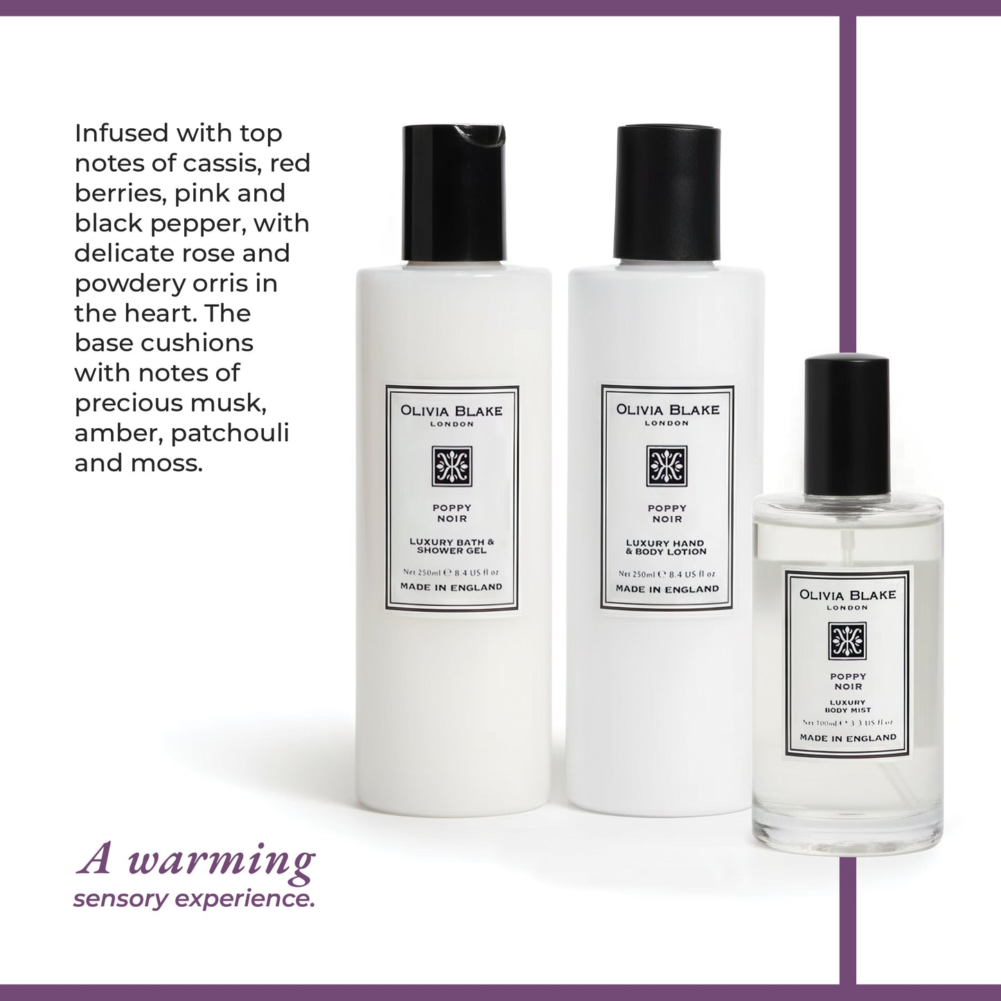 Olivia Blake Poppy Noir Trio Gift Set – 100 ml/3.38 fl oz Body Mist, 250 ml/8.45 fl oz Shower Gel, 250 ml/8.45 fl oz Body Lotion – Luxurious Everyday Essentials for Women