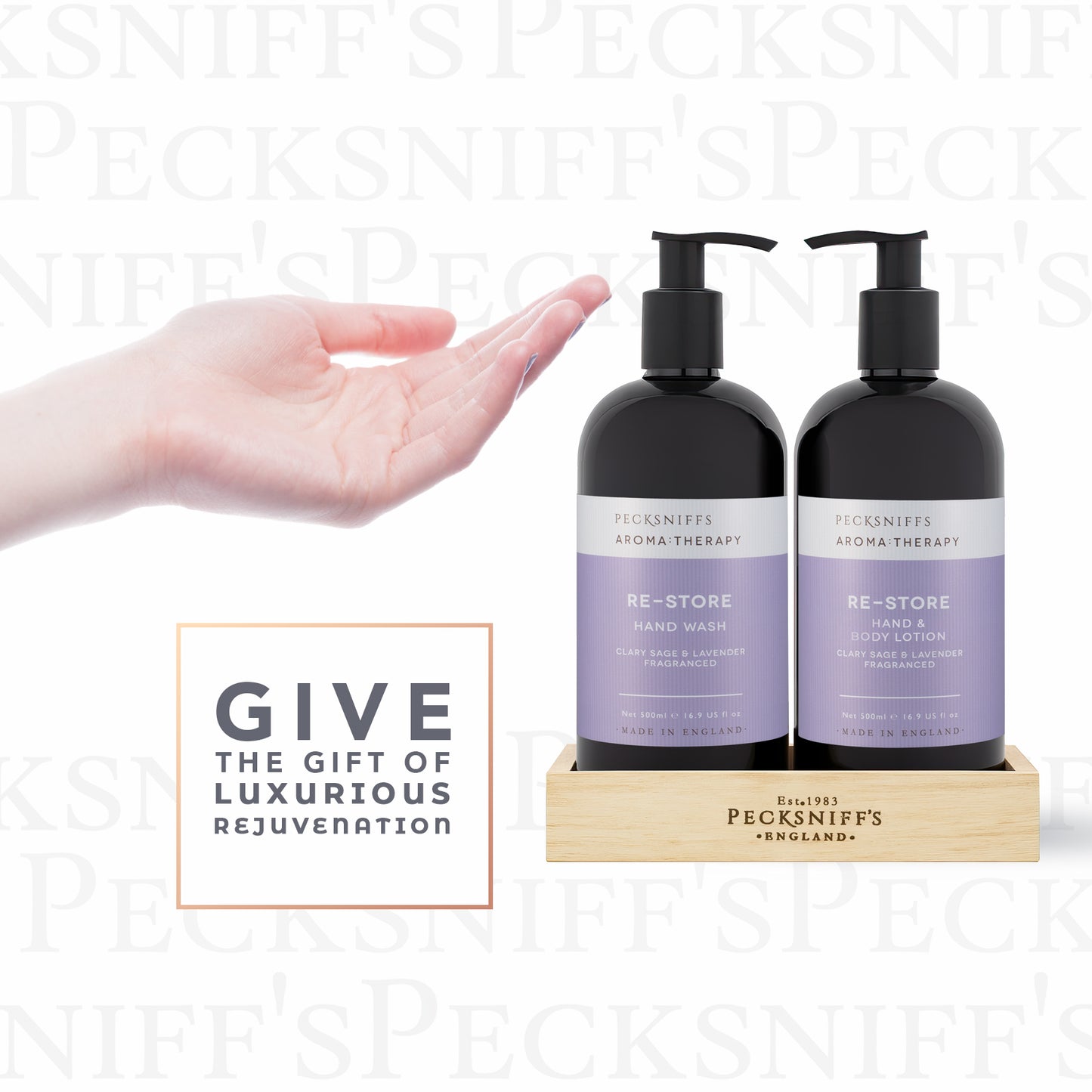 Pecksniff's Aroma:Therapy Re-Store Duo Caddy, 500 ml/16.9 fl oz Hand Wash and 500 ml/16.9 fl oz Hand & Body Lotion