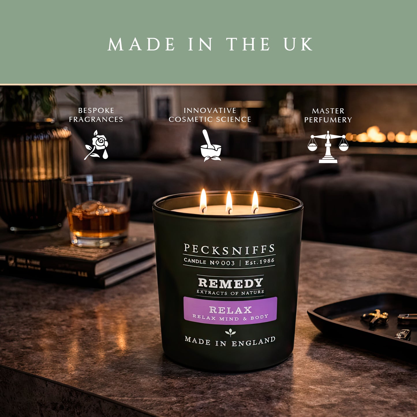 Pecksniff’s Aromatherapy Relax Candle 3 Wick 19.4 oz/550 g, Earthy Green Fragrance, Stress Relief, Long Lasting Luxury Glass Candle for Home Decor and Gifts