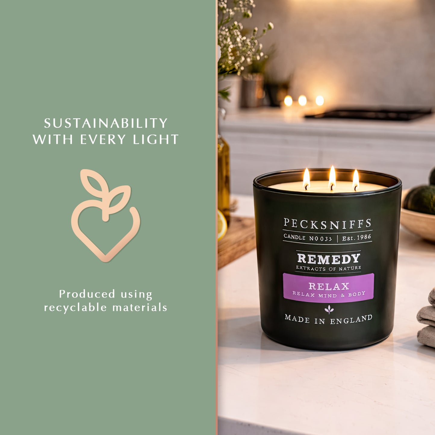 Pecksniff’s Aromatherapy Relax Candle 3 Wick 19.4 oz/550 g, Earthy Green Fragrance, Stress Relief, Long Lasting Luxury Glass Candle for Home Decor and Gifts