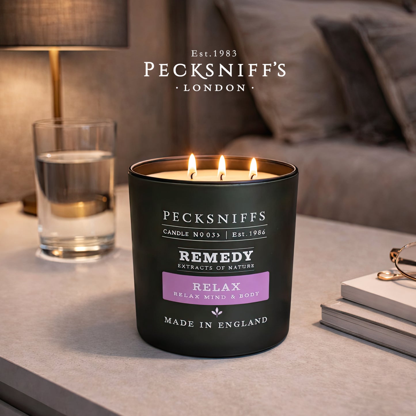 Pecksniff’s Aromatherapy Relax Candle 3 Wick 19.4 oz/550 g, Earthy Green Fragrance, Stress Relief, Long Lasting Luxury Glass Candle for Home Decor and Gifts