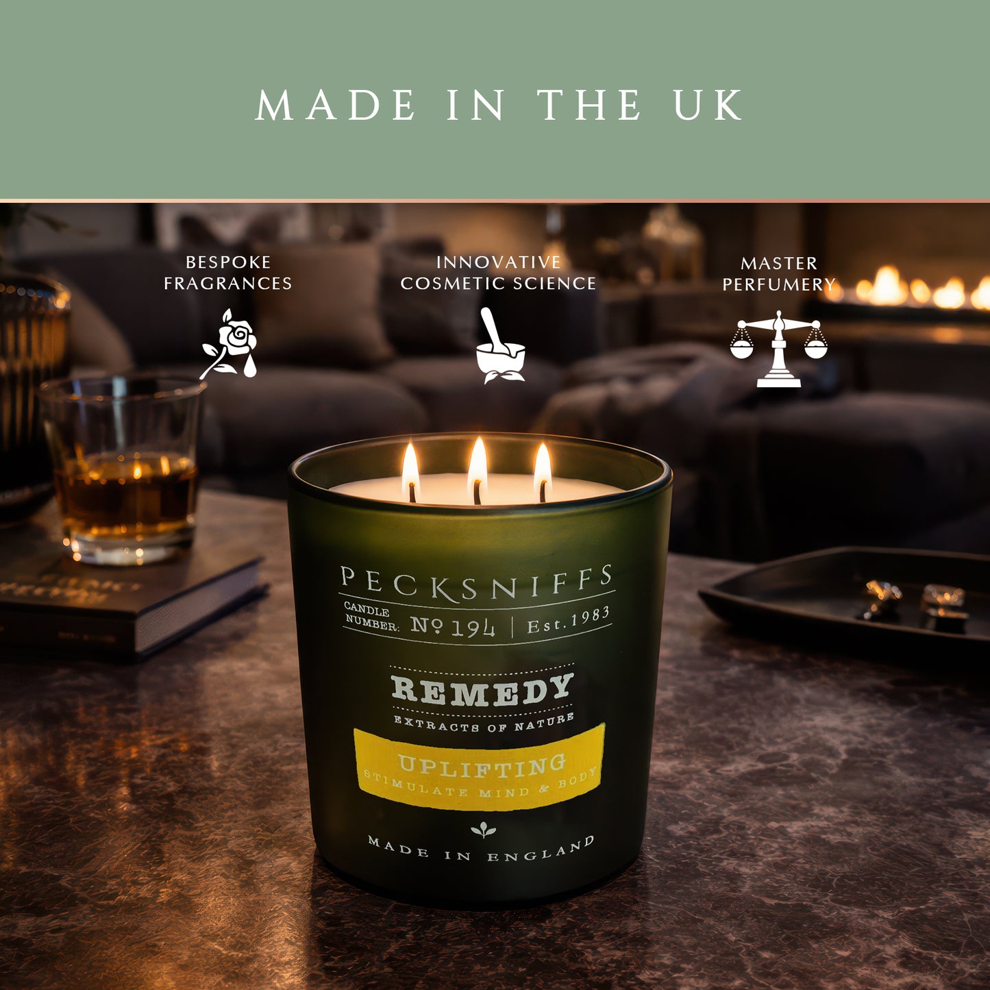 Pecksniff’s Aromatherapy Uplifting Candle 3 Wick 18.16 oz/515 g, Citrus Green Tea Fragrance, Grapefruit Lemon Notes, Energizing Luxury Glass Candle for Home and Gifts