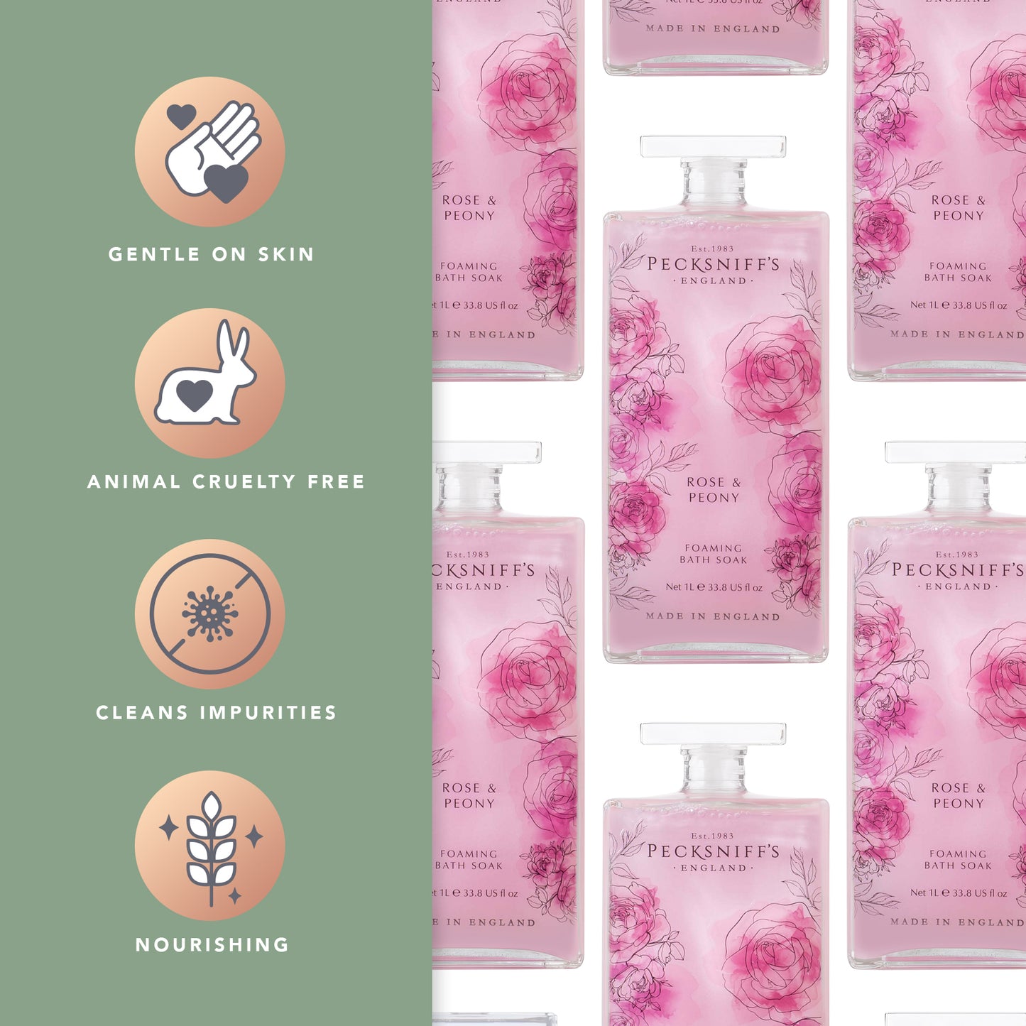 Pecksniff’s Rose & Peony Foaming Bath Soak – Luxury Bubble Bath, 1L / 33.8 fl oz, Made in England