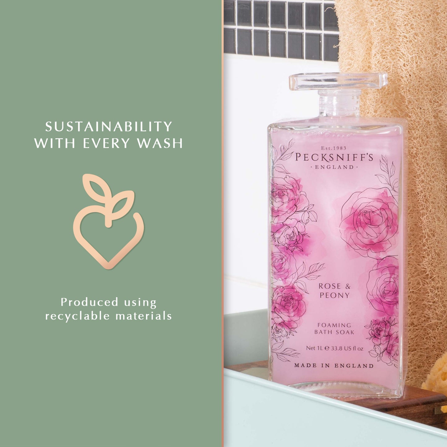 Pecksniff’s Rose & Peony Foaming Bath Soak – Luxury Bubble Bath, 1L / 33.8 fl oz, Made in England