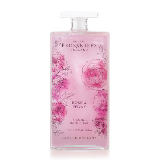Pecksniff’s Rose & Peony Foaming Bath Soak – Luxury Bubble Bath, 1L / 33.8 fl oz, Made in England