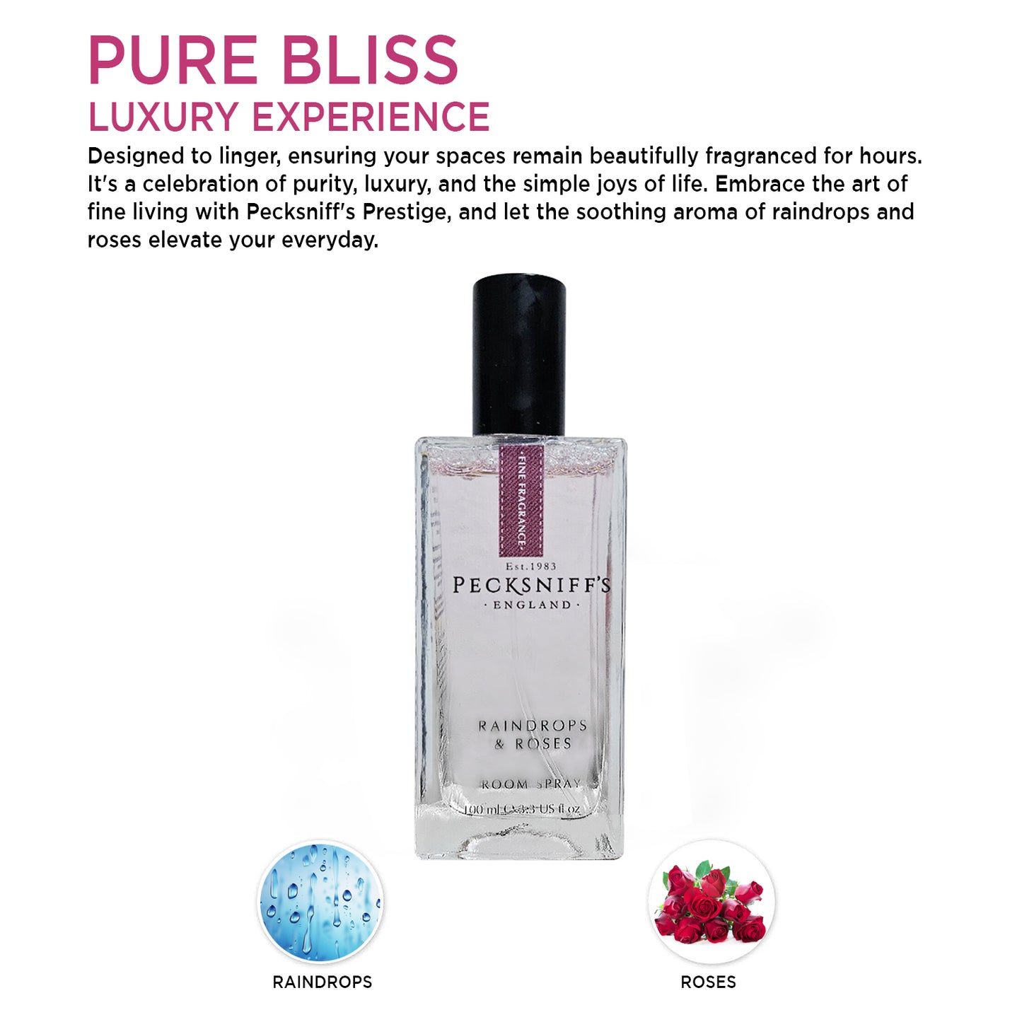 Pecksniffs Raindrops & Roses Square Room Spray | 100ml/3.38 Fl Oz