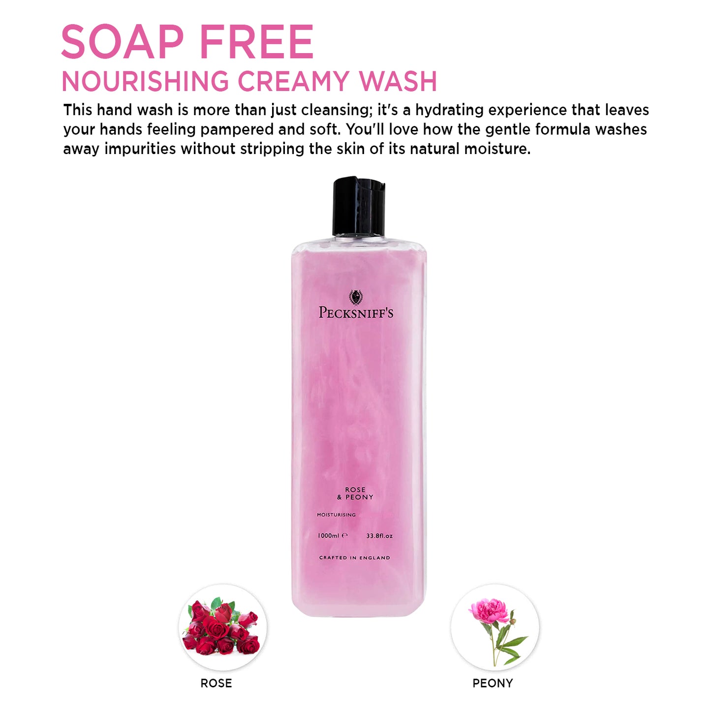 Pecksniffs Classic Rose & Peony Scented Moisturizing Hand Wash Refill | 1L/1000ml, 33.8 Fl oz