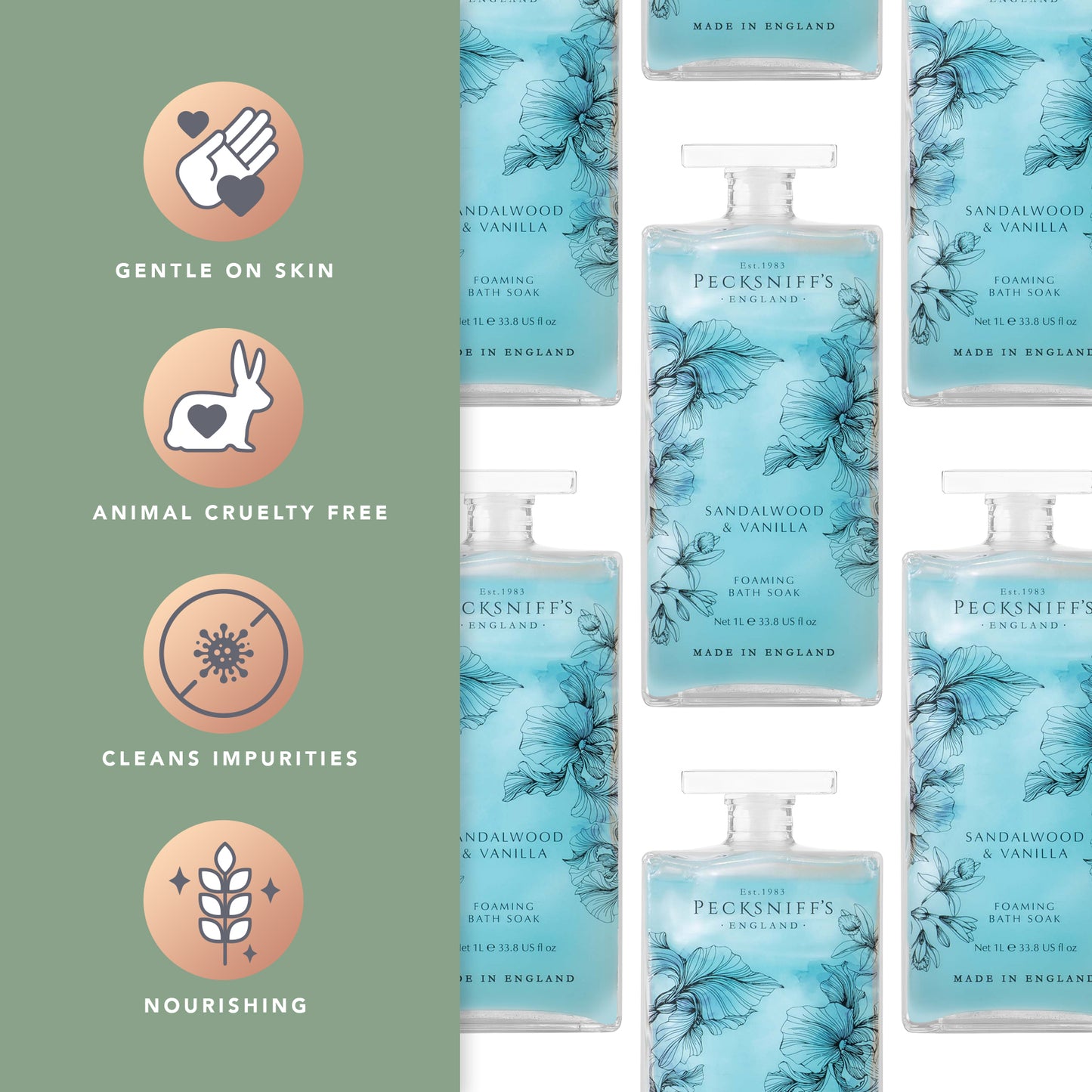 Pecksniff’s Sandalwood & Vanilla Foaming Bath Soak – Luxury Bubble Bath, 1L / 33.8 fl oz, Made in England