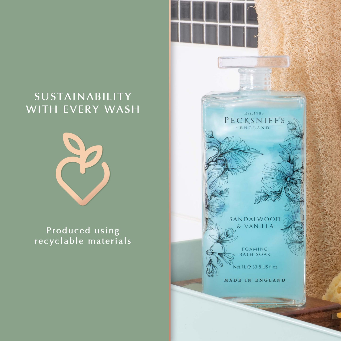 Pecksniff’s Sandalwood & Vanilla Foaming Bath Soak – Luxury Bubble Bath, 1L / 33.8 fl oz, Made in England