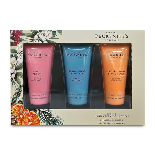 Pecksniff’s Hand Cream Collection – 3 Piece Gift Set, Moisturizing Hand Cream 100ml Tubes – Rose & Peony, Sandalwood & Vanilla, Ginger Flower & Patchouli – Luxury Skincare Gift for Women & Men