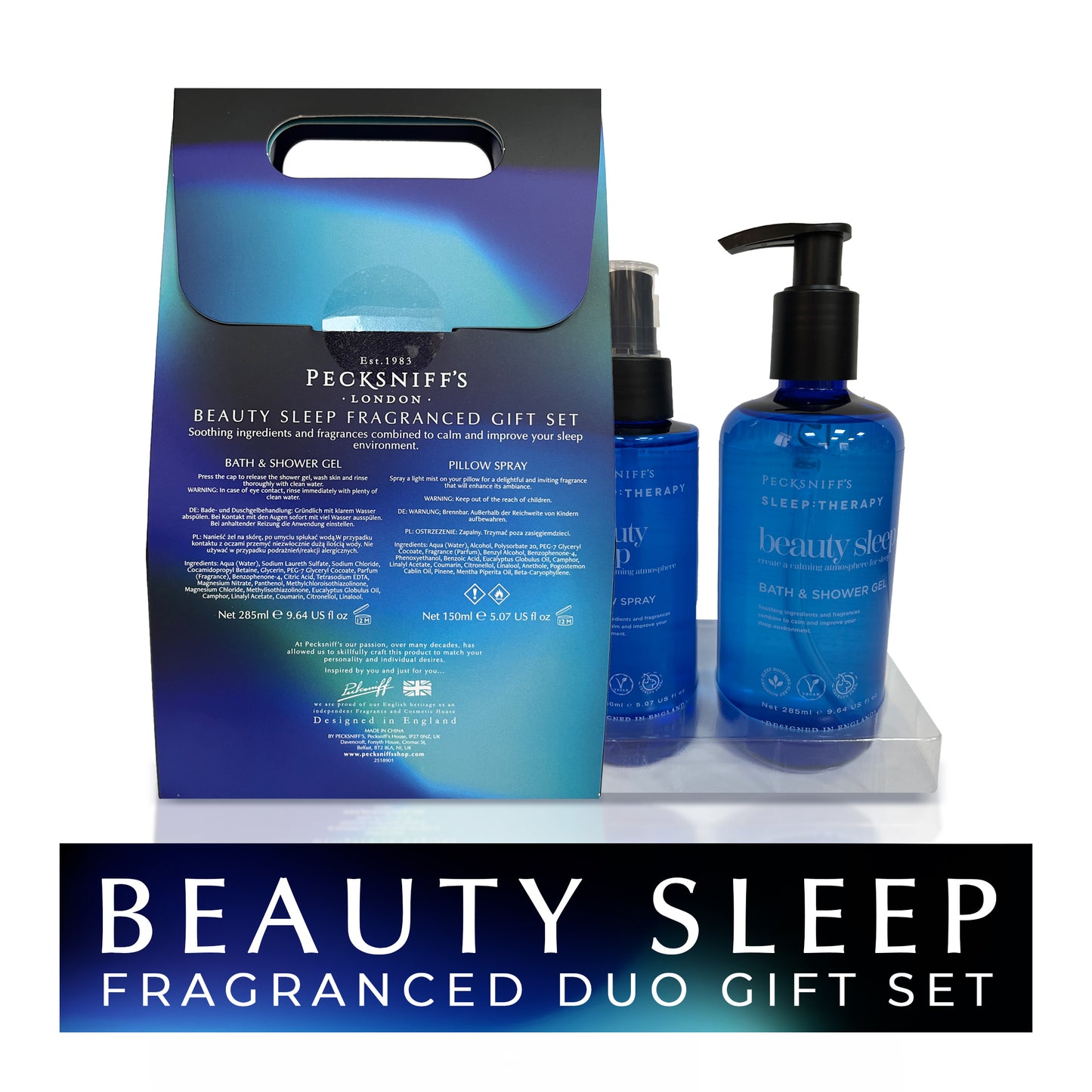 Pecksniff's Sleep Therapy Duo Gift Set – Beauty Sleep Bath & Shower Gel 300 ml & Pillow Spray 100 ml – Relaxing Aromatherapy for Restful Nights