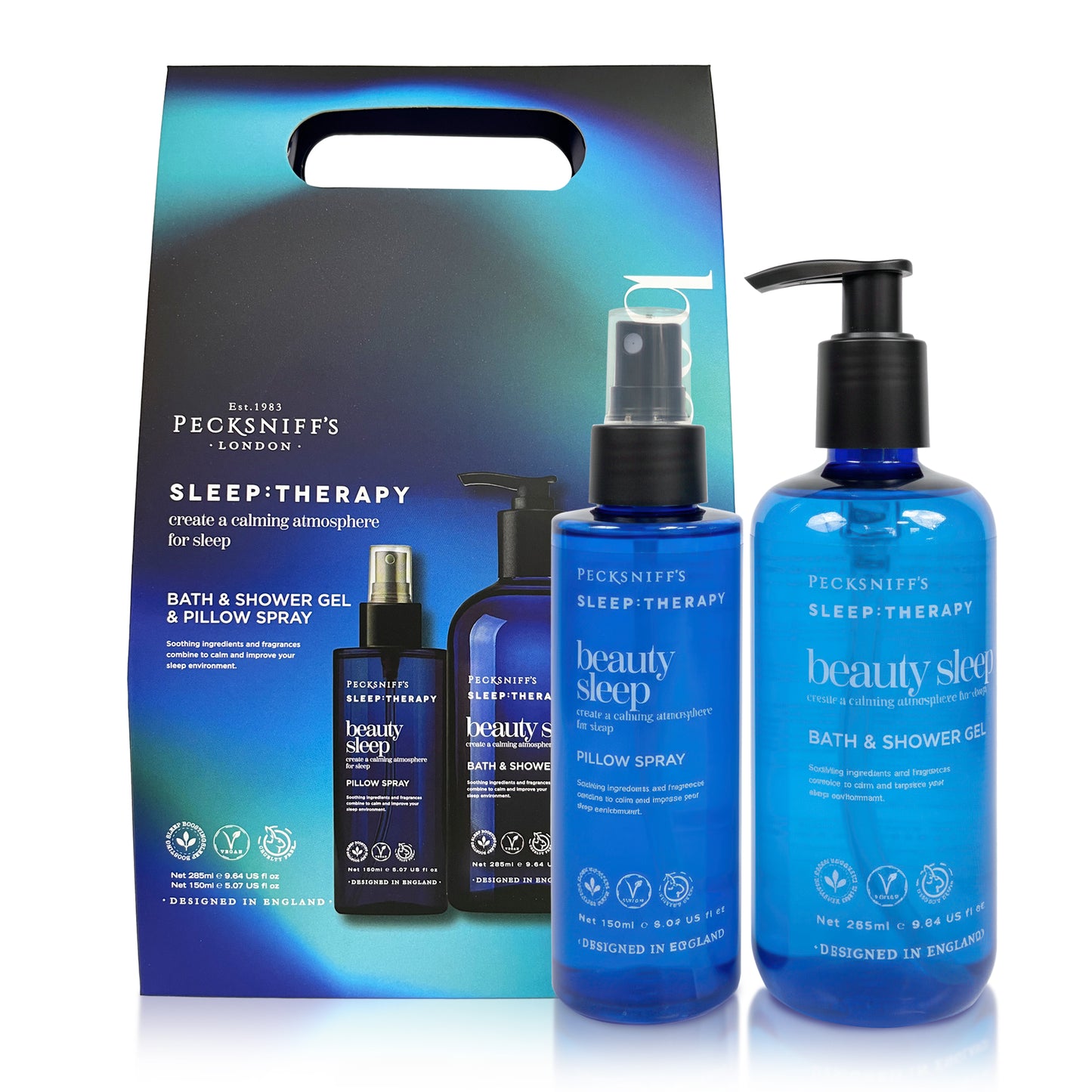 Pecksniff's Sleep Therapy Duo Gift Set – Beauty Sleep Bath & Shower Gel 300 ml & Pillow Spray 100 ml – Relaxing Aromatherapy for Restful Nights