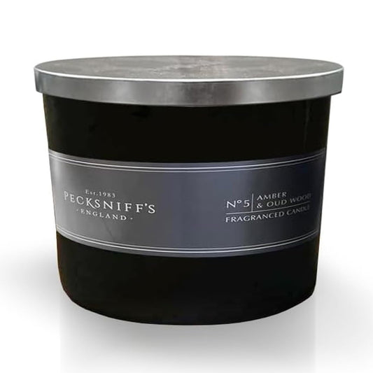 Pecksniffs Luxurious Black Tall Amber & Oud Wood Scented Candle | 3 Wicks, 283g/9.9oz
