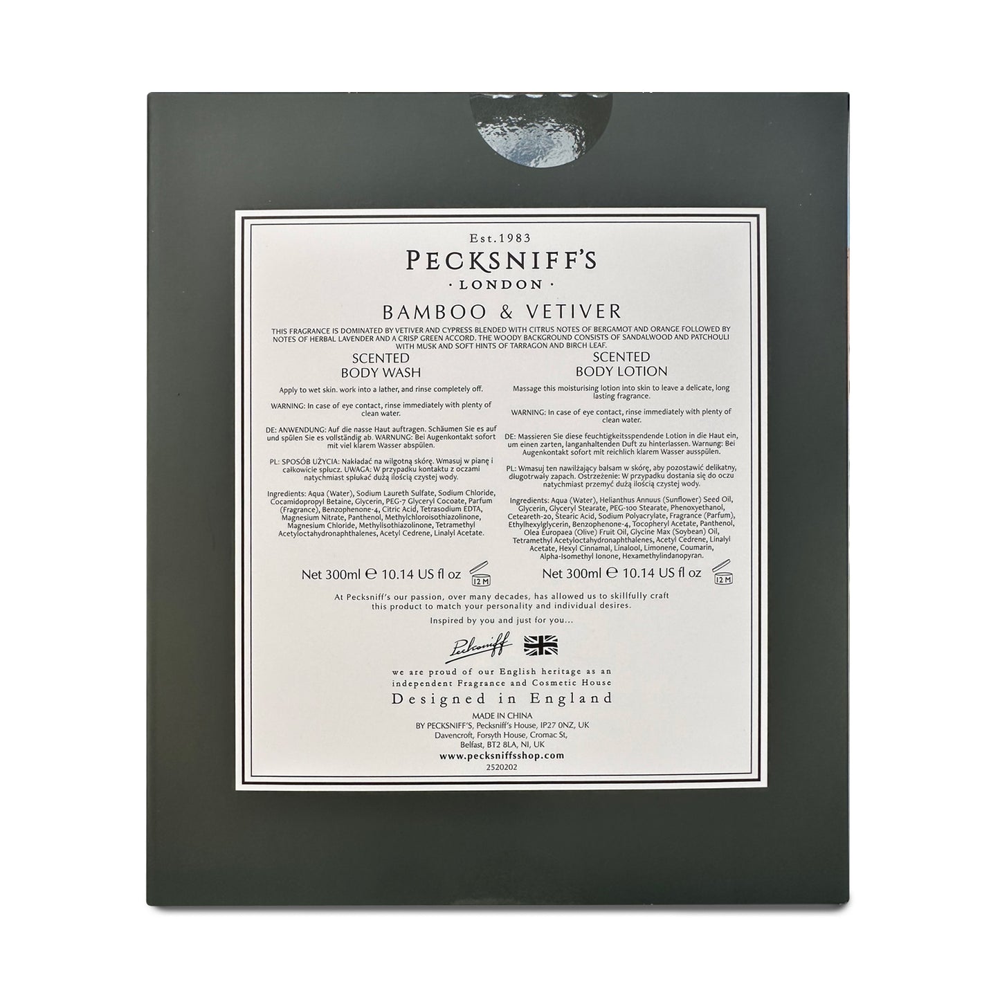 Pecksniffs Mens Bathing Duo Collection – Bamboo & Vetiver Scented Body Wash and Body Lotion Gift Set, 2 x 250ml