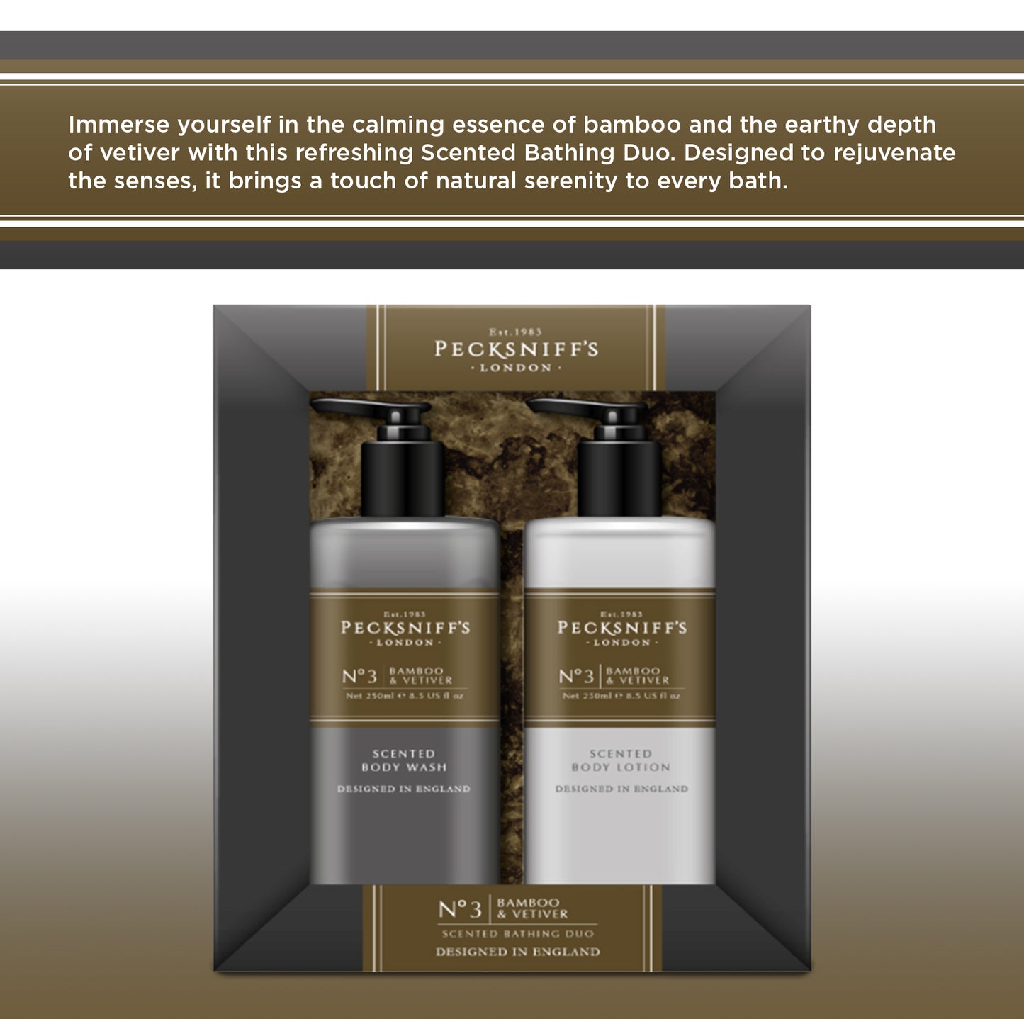 Pecksniffs Mens Bathing Duo Collection – Bamboo & Vetiver Scented Body Wash and Body Lotion Gift Set, 2 x 250ml