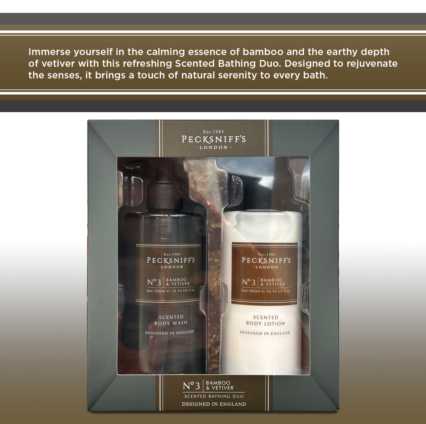 Pecksniffs Mens Bathing Duo Collection – Bamboo & Vetiver Scented Body Wash and Body Lotion Gift Set, 2 x 250ml