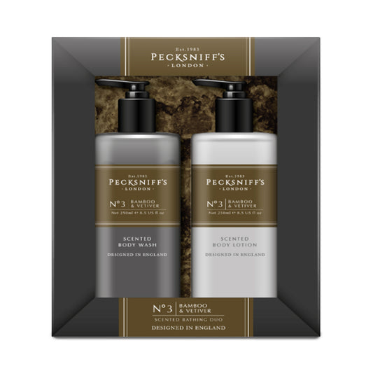 Pecksniffs Mens Bathing Duo Collection – Bamboo & Vetiver Scented Body Wash and Body Lotion Gift Set, 2 x 250ml