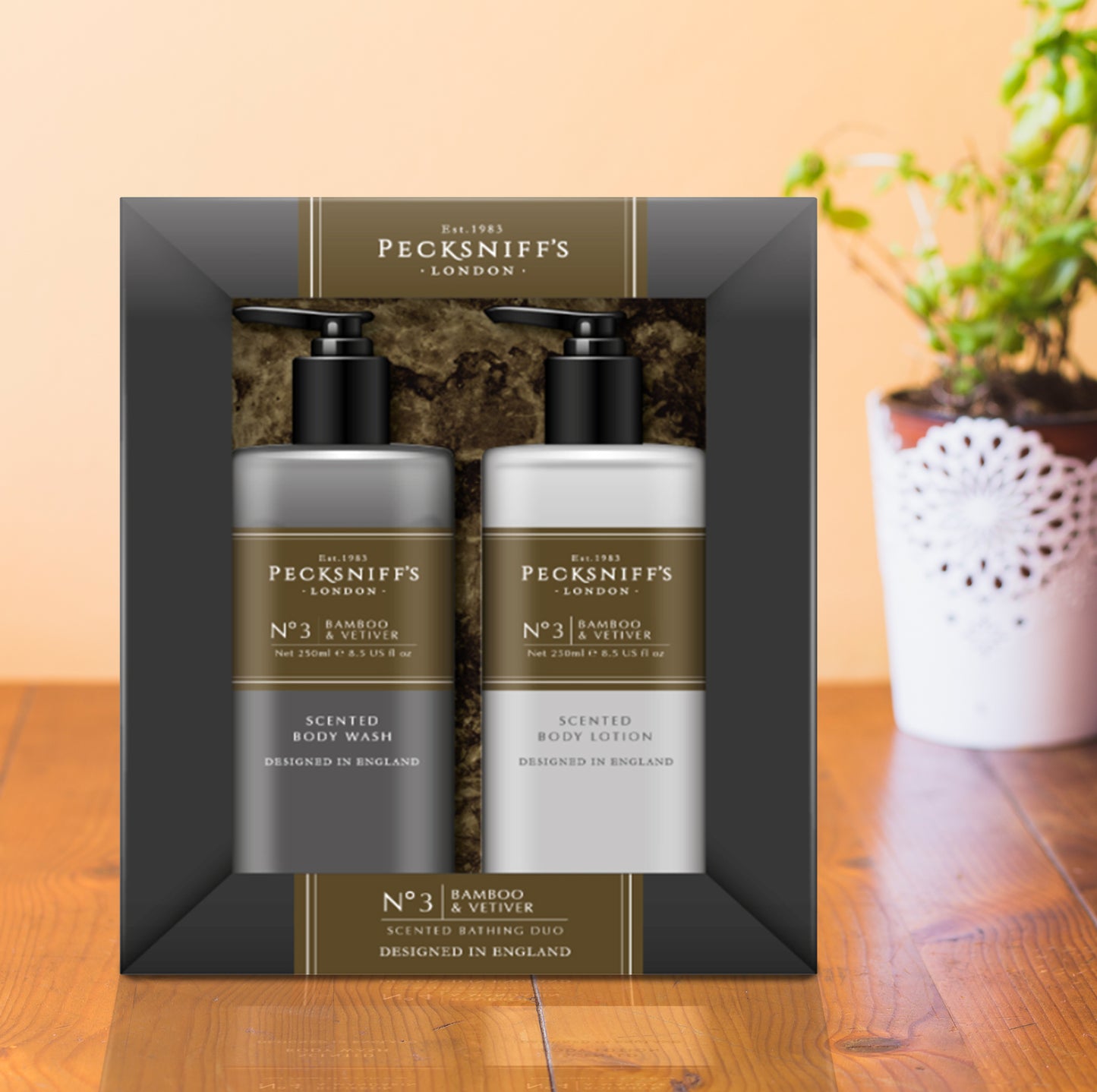 Pecksniffs Mens Bathing Duo Collection – Bamboo & Vetiver Scented Body Wash and Body Lotion Gift Set, 2 x 250ml