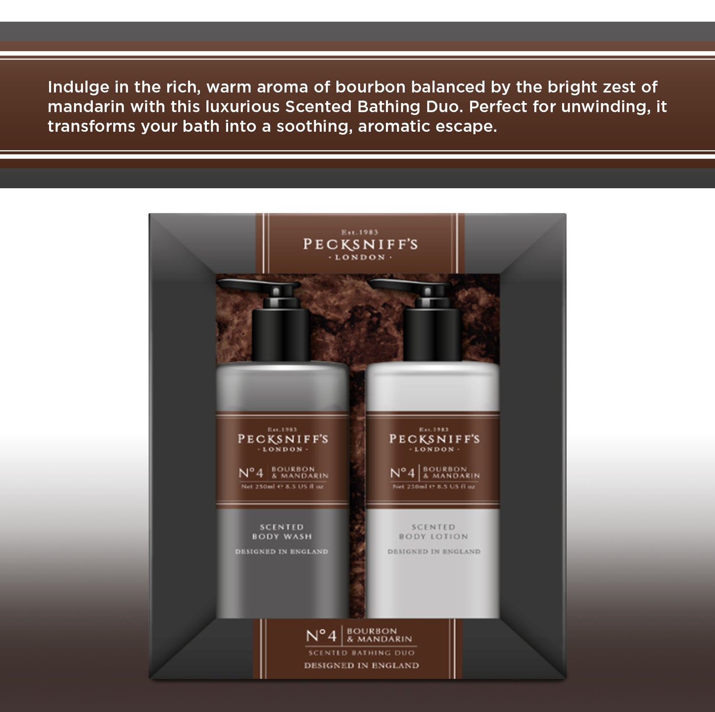 Pecksniffs Mens Bathing Duo Collection – Bourbon & Mandarin Scented Body Wash and Body Lotion Gift Set, 2 x 250ml