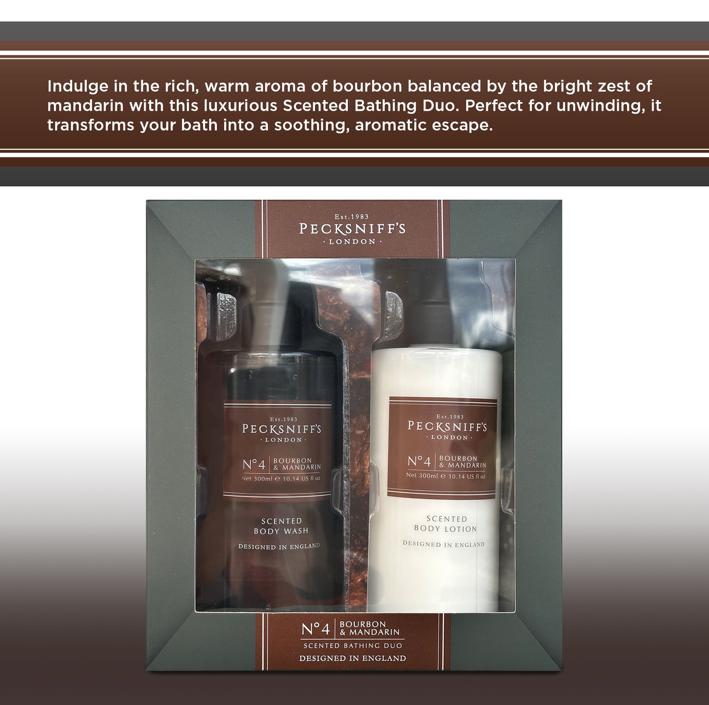 Pecksniffs Mens Bathing Duo Collection – Bourbon & Mandarin Scented Body Wash and Body Lotion Gift Set, 2 x 250ml