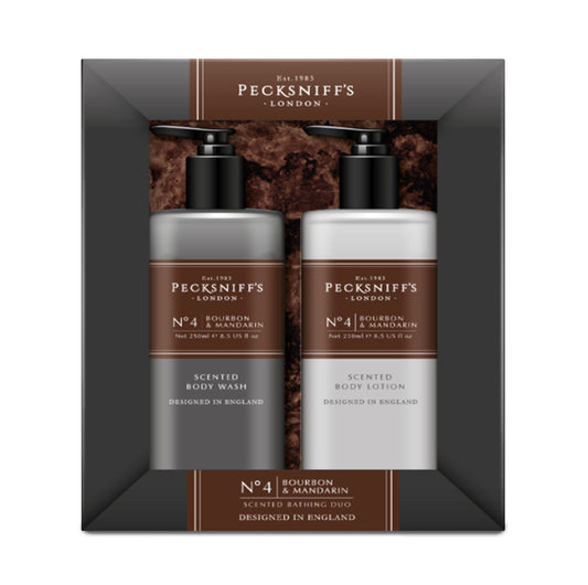 Pecksniffs Mens Bathing Duo Collection – Bourbon & Mandarin Scented Body Wash and Body Lotion Gift Set, 2 x 250ml