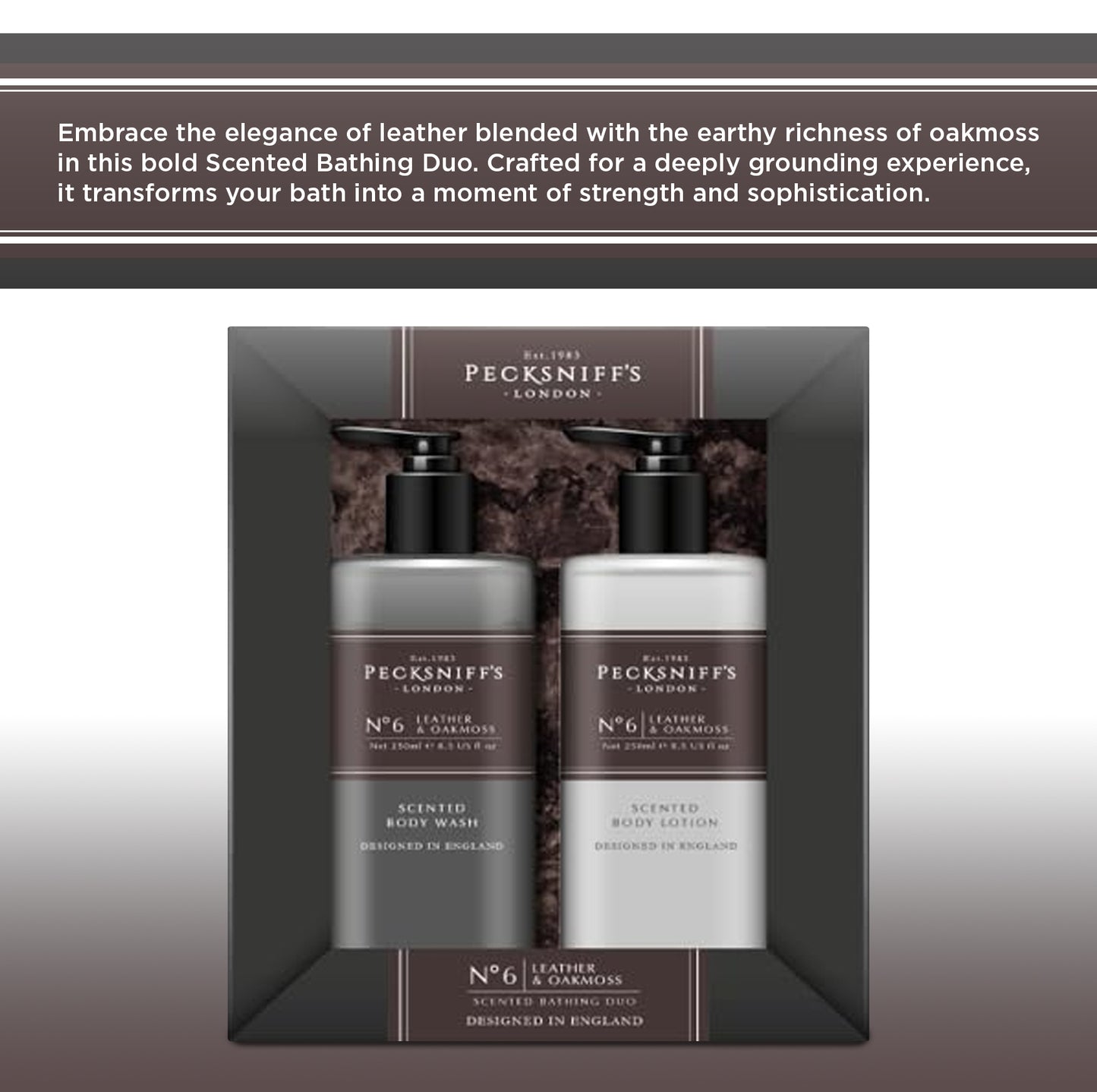 Pecksniffs Mens Bathing Duo Collection – Leather & Oakmoss Scented Body Wash and Body Lotion Gift Set, 2 x 250ml