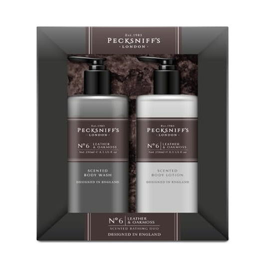 Pecksniffs Mens Bathing Duo Collection – Leather & Oakmoss Scented Body Wash and Body Lotion Gift Set, 2 x 250ml