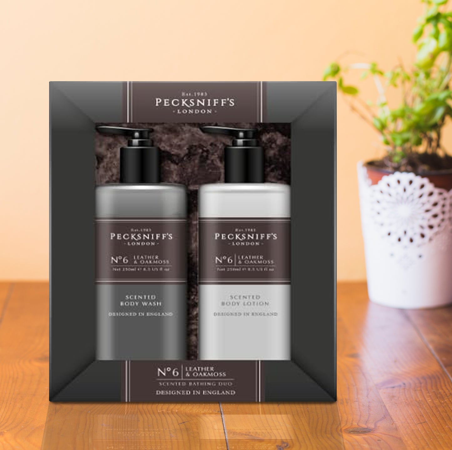 Pecksniffs Mens Bathing Duo Collection – Leather & Oakmoss Scented Body Wash and Body Lotion Gift Set, 2 x 250ml