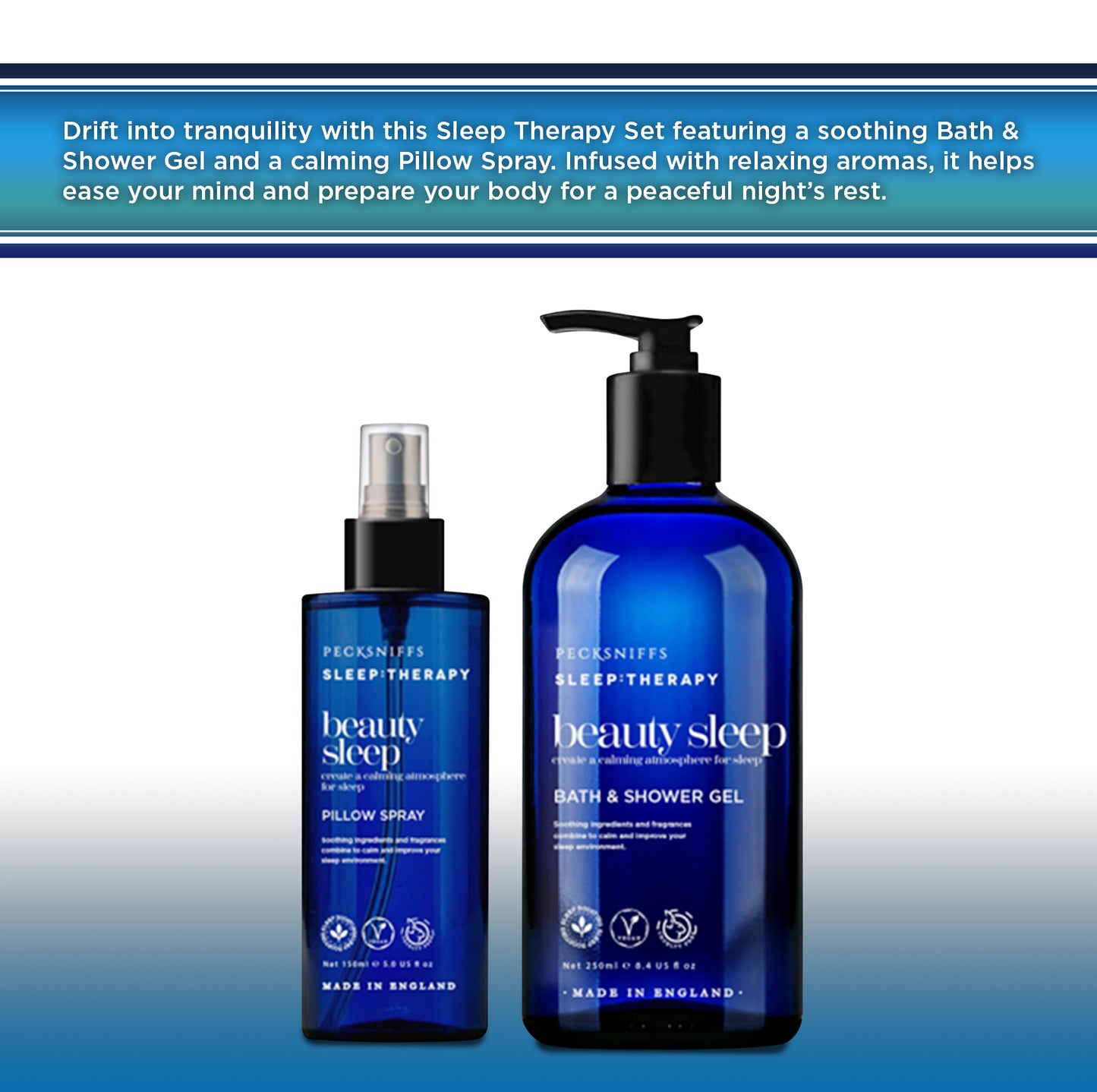 Pecksniff's Sleep Therapy Duo Gift Set – Beauty Sleep Bath & Shower Gel 300 ml & Pillow Spray 100 ml – Relaxing Aromatherapy for Restful Nights