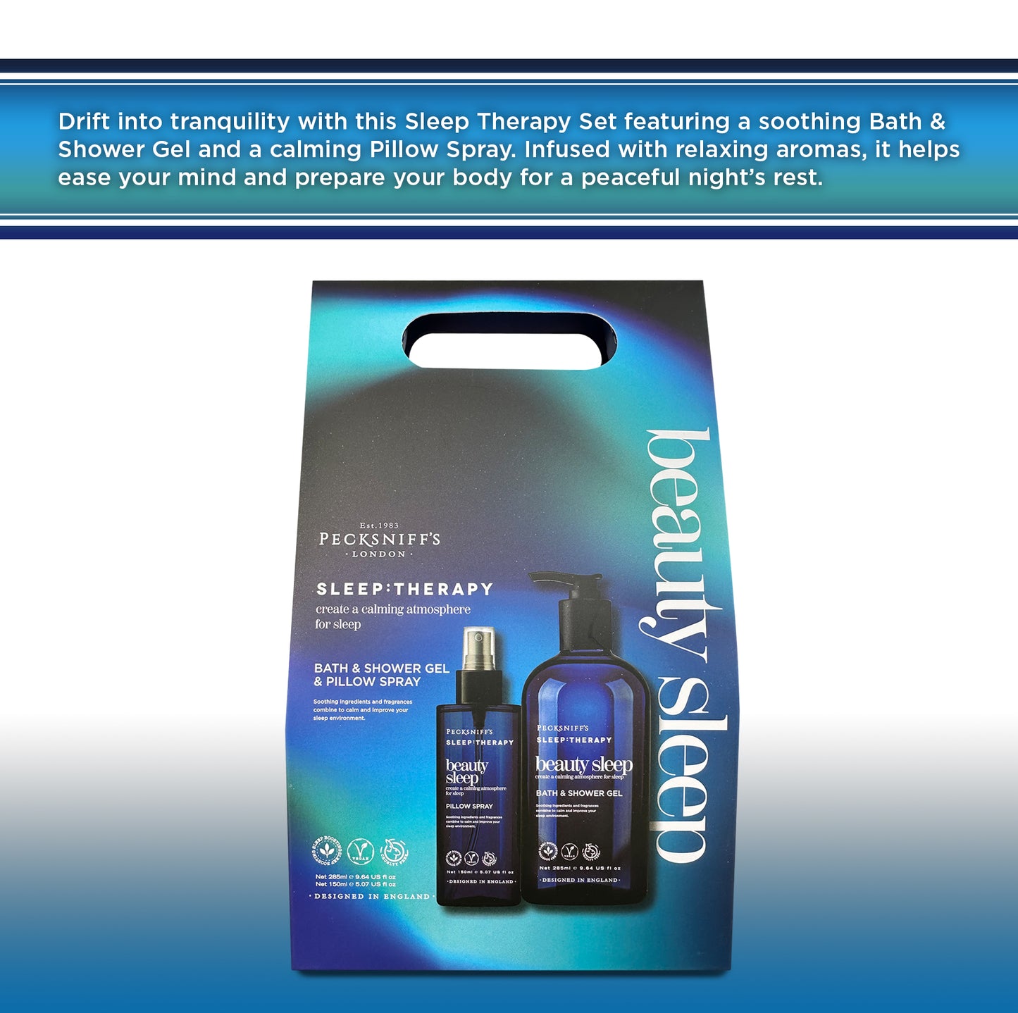 Pecksniff's Sleep Therapy Duo Gift Set – Beauty Sleep Bath & Shower Gel 300 ml & Pillow Spray 100 ml – Relaxing Aromatherapy for Restful Nights