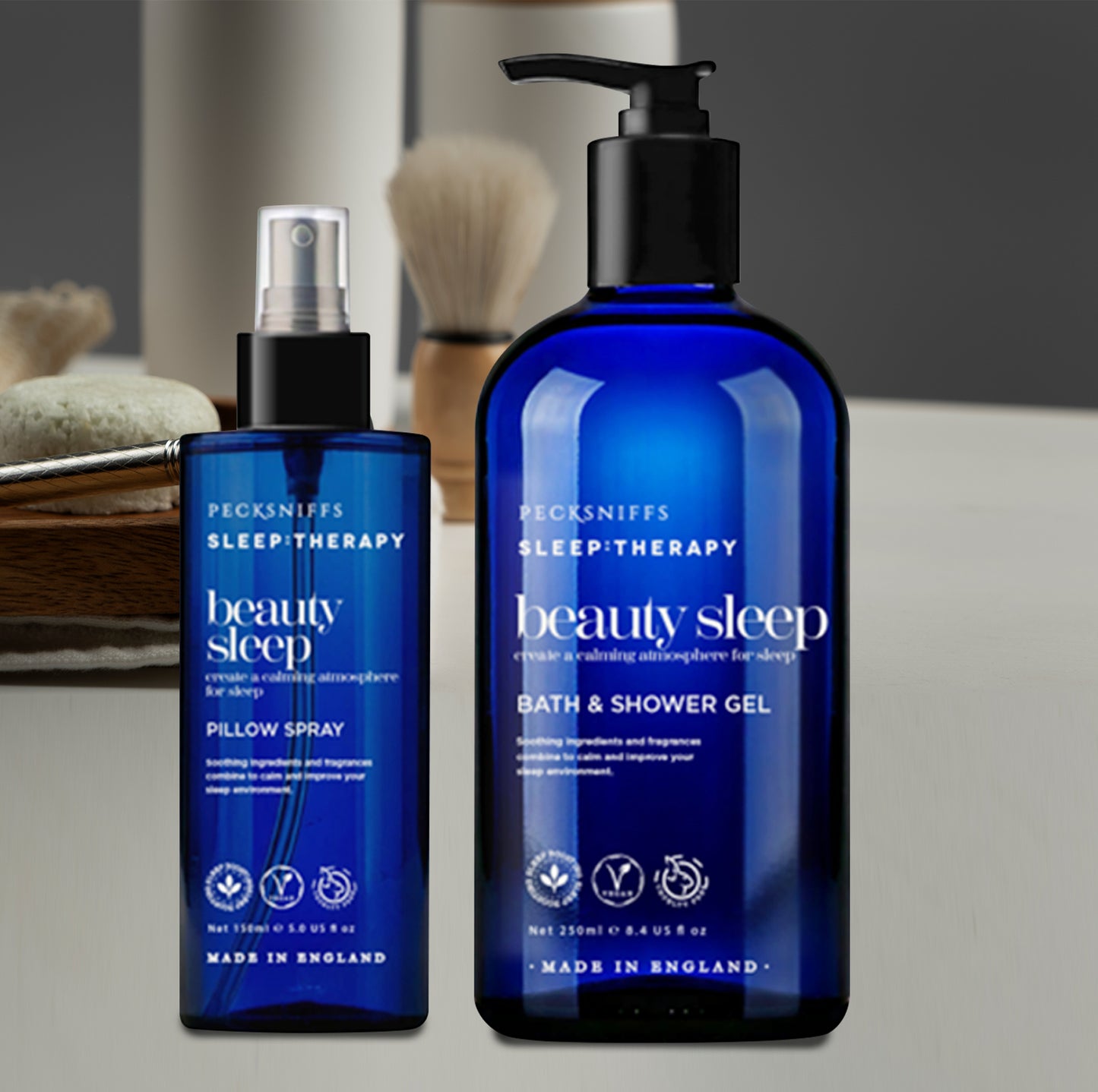 Pecksniff's Sleep Therapy Duo Gift Set – Beauty Sleep Bath & Shower Gel 300 ml & Pillow Spray 100 ml – Relaxing Aromatherapy for Restful Nights