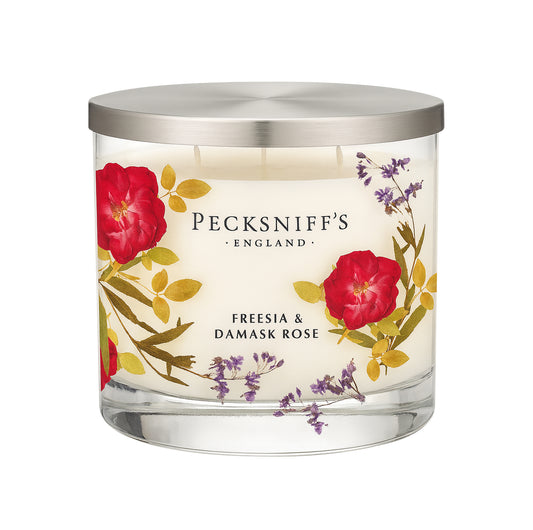 Pecksniff’s 3 Wick Candle – Freesia & Damask Rose, 550 g / 19.4 oz – Long Lasting Burn, Elegant Home Decor & Relaxing Ambiance