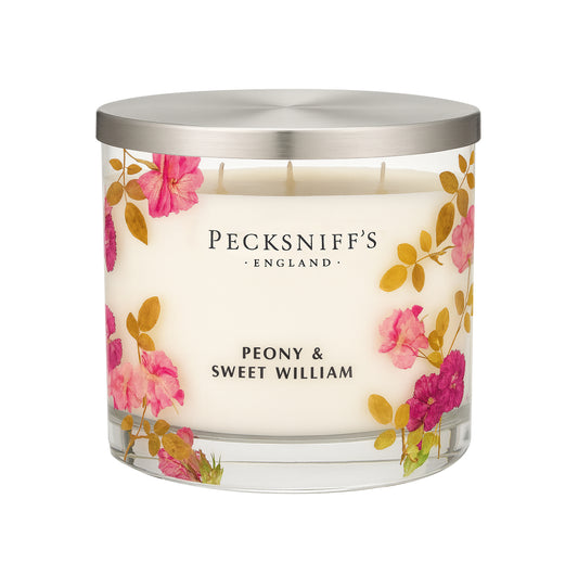Pecksniff’s 3 Wick Candle – Peony & Sweet William, 550 g / 19.4 oz – Long Lasting Burn, Elegant Home Decor & Relaxing Ambiance