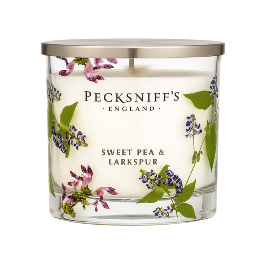 Pecksniff’s 3 Wick Candle – Sweet Pea & Lark Spur, 550 g / 19.4 oz – Long Lasting Burn, Elegant Home Decor & Relaxing Ambiance