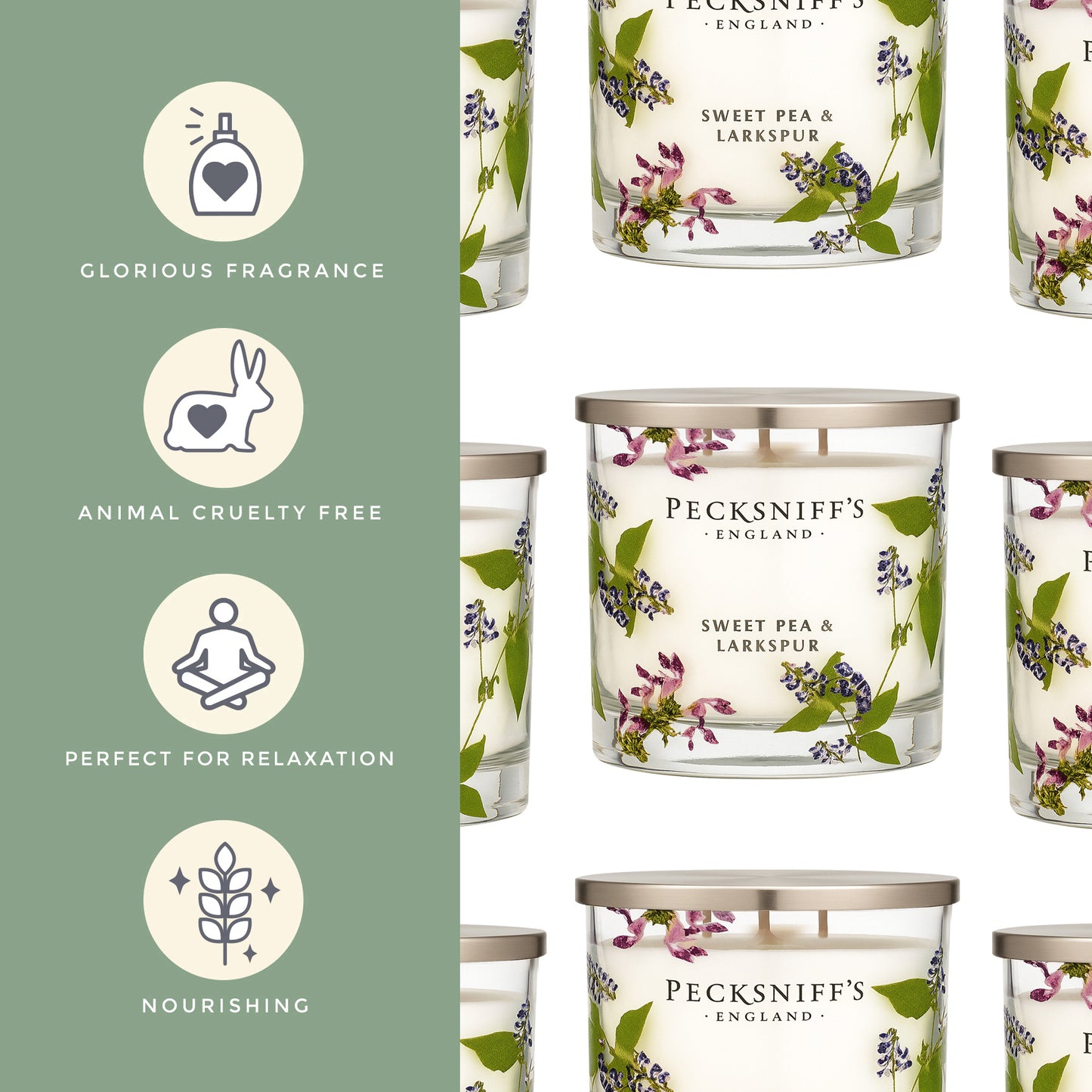 Pecksniff’s 3 Wick Candle – Sweet Pea & Lark Spur, 550 g / 19.4 oz – Long Lasting Burn, Elegant Home Decor & Relaxing Ambiance