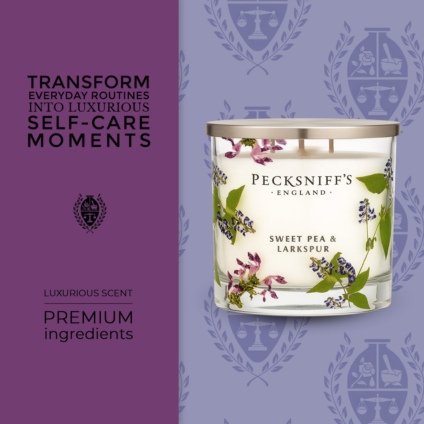 Pecksniff’s 3 Wick Candle – Sweet Pea & Lark Spur, 550 g / 19.4 oz – Long Lasting Burn, Elegant Home Decor & Relaxing Ambiance