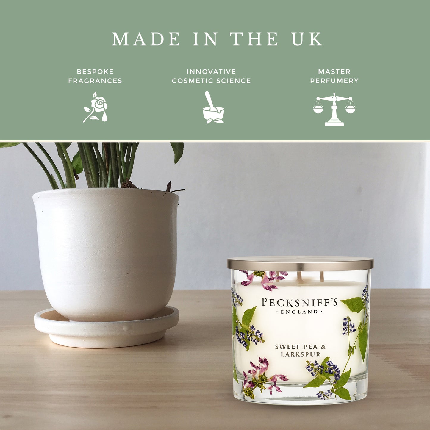 Pecksniff’s 3 Wick Candle – Sweet Pea & Lark Spur, 550 g / 19.4 oz – Long Lasting Burn, Elegant Home Decor & Relaxing Ambiance