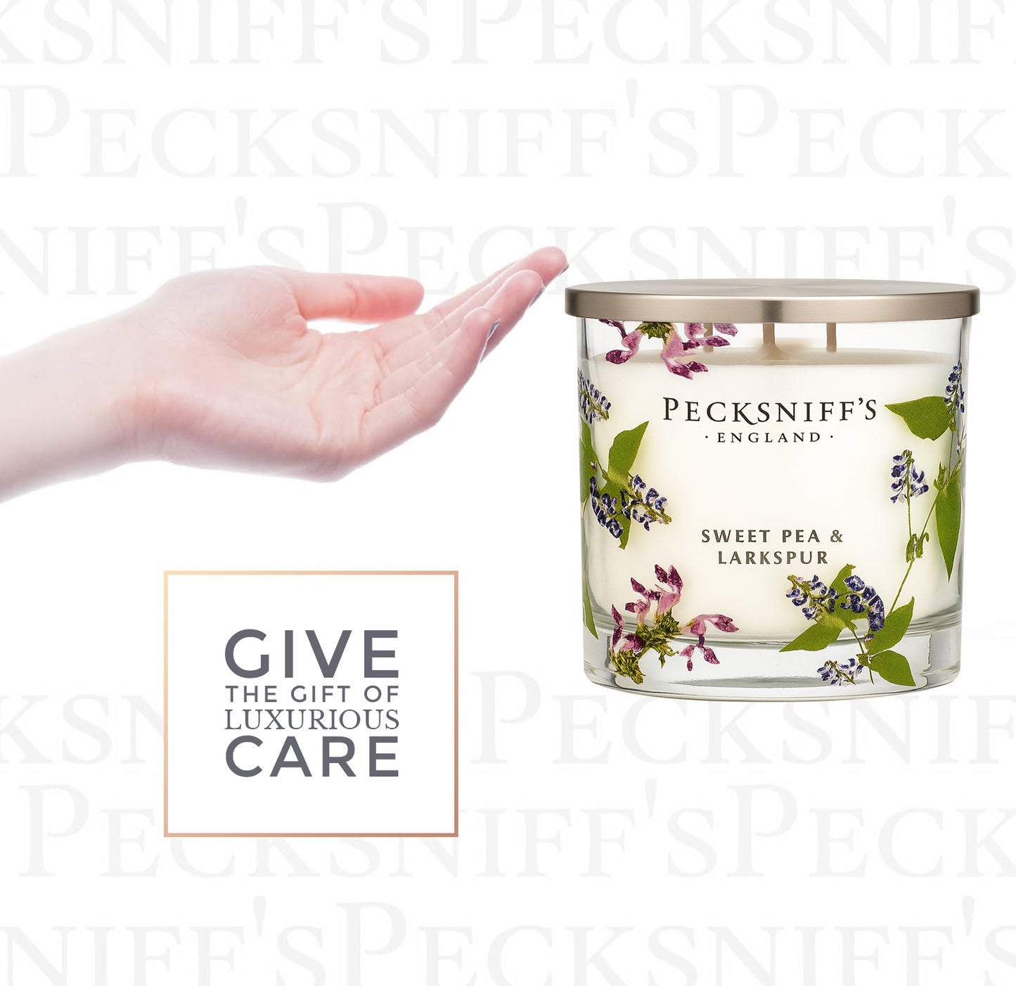 Pecksniff’s 3 Wick Candle – Sweet Pea & Lark Spur, 550 g / 19.4 oz – Long Lasting Burn, Elegant Home Decor & Relaxing Ambiance
