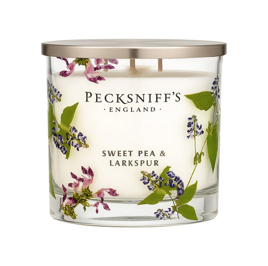 Pecksniff’s 3 Wick Candle – Sweet Pea & Lark Spur, 550 g / 19.4 oz – Long Lasting Burn, Elegant Home Decor & Relaxing Ambiance